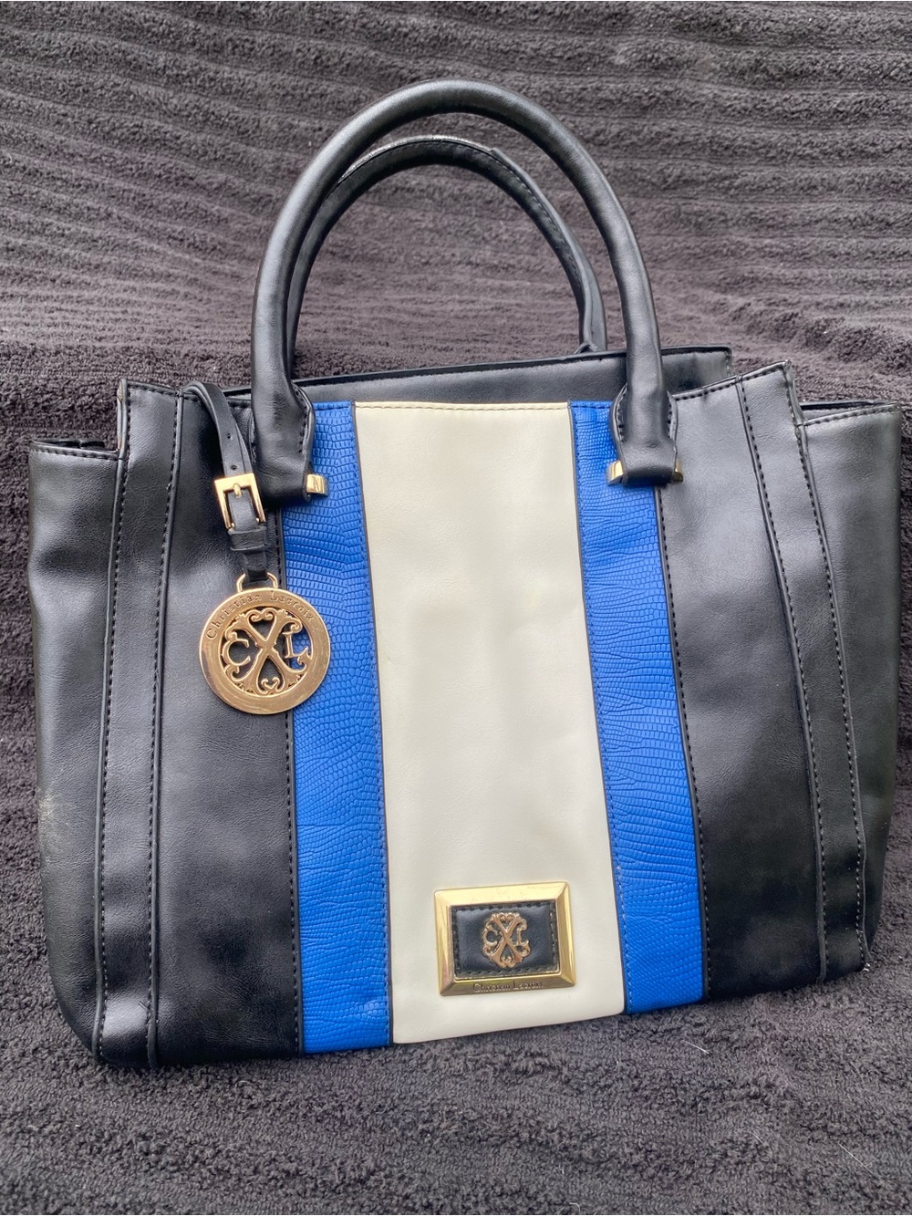Christian Lacroix Black, Blue & Cream Stripe Tote with Gold Accents